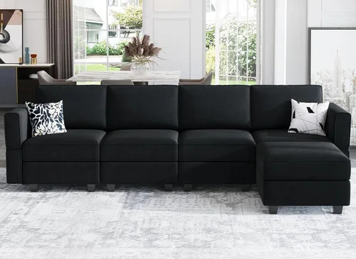 Miniatura 16 de Belffin Sofá modular en forma de U con tumbonas reversibles, de terciopelo, con asiento de almacenamiento, color negro
