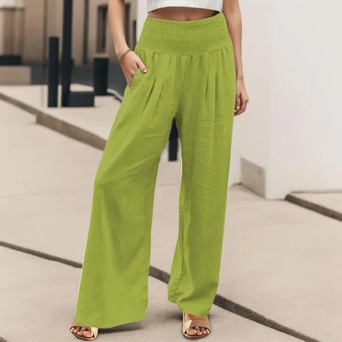 Miniatura 4 de Lroplie Pantalones sólidos de cintura alta para mujer, pantalones de cintura elástica, ligeros, pierna ancha, pantalones casuales de moda