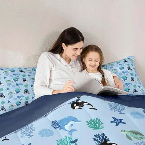 Miniatura 6 de Erosebridal Blue Ocean - Juego de edredón tamaño individual Juego de ropa de cama de ballena delfín y tortuga marina para niños y niñas, juego