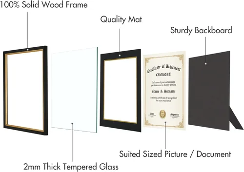 Miniatura 6 de Marco de diploma de 11 x 14 grados, madera maciza, vidrio inastillable para documentos, marco dorado negro de 8.5 x 11 pulgadas con paspartú