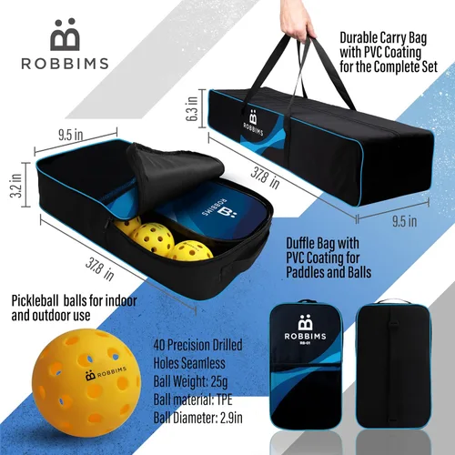 Miniatura 5 de Juego de pickleball con red 4 paletas de fibra de carbono aprobadas por Pickleball de Estados Unidos, sistema de red portátil de tamaño regulador