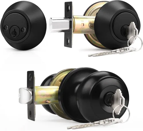 Miniatura 18 de Probrico Juego de cerradura de perilla de puerta de entrada y cerrojo de doble cilindro, negro plano (paquete de 3) con llave igual