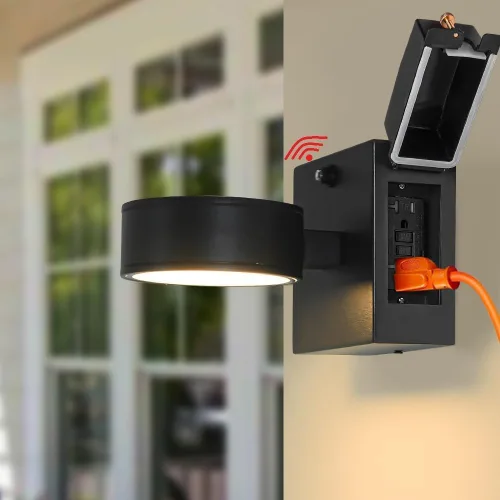Luces de Porche con Tomacorriente GFCI, Luz de Pared Exterior de Anochecer a Amanecer con Tomacorriente, Lámpara Exterior de Aluminio LED Negro