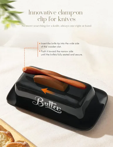 Miniatura 3 de Mantequillera negra con tapa y cuchillo, bandeja de mantequilla negra, soporte de mantequilla de cerámica para mostrador humanizado con mango de Rojo