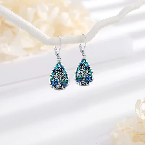 Miniatura 205 de Aretes colgantes de plata de ley con diseño de árbol de la vida, flor, abeja, animales, gato, colibrí, piedra lunar, turquesa, aretes con cierre