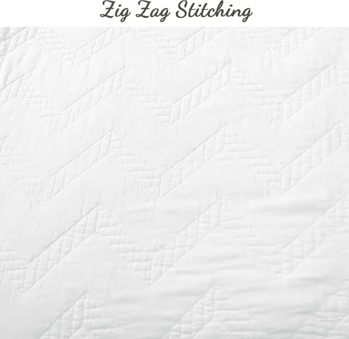 Miniatura 4 de Cozy Line Home Fashions Juego de ropa de cama de 100% algodón geométrico moderno con puntada en zigzag, color blanco sólido, colcha ligera