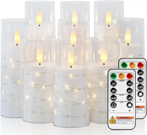 Miniatura 14 de Raycare Vela sin llama con temporizador remoto, 7 velas LED de acrílico parpadeantes con cuerda de estrella integrada para Navidad, boda, decoración