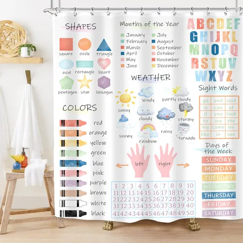 Miniatura 8 de Cortina de ducha educativa para niños, 60 pulgadas de ancho x 72 pulgadas de alto, estilo bohemio, acuarela, alfabeto, números pastel, formas