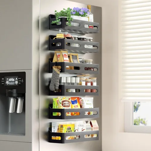 Miniatura 12 de Sevenblue Paquete de 4 estantes magnéticos para especias para refrigerador, organizador de estantes para especias, estante magnético móvil Blanco