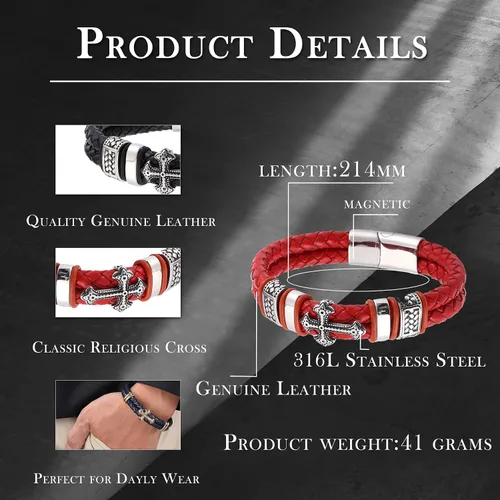 Miniatura 6 de Raymard Pulsera de cuero de doble fila cristiana para hombre - negrorojodorado y azul marino trenzado pulsera para hombres