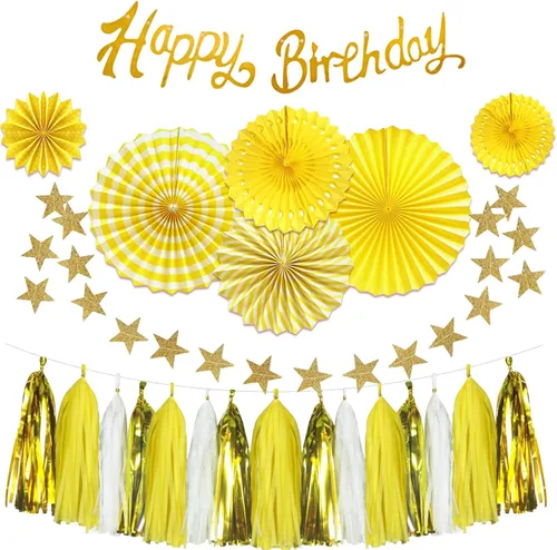 Decoraciones de cumpleaños amarillas para mujer, 33 piezas, decoración de fiesta amarilla para niña con pancarta y abanicos de papel colgantes,
