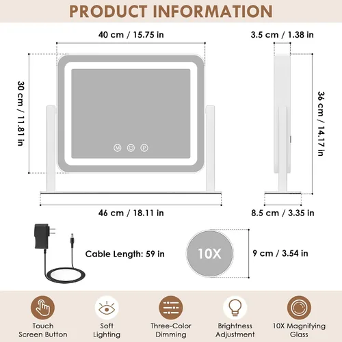 Miniatura 5 de Espejo de maquillaje iluminado, espejo de tocador con luces, aumento de 10X, regalos para mujeres, 3 modos de iluminación de color, control táctil