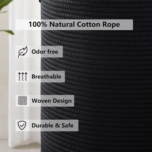 Miniatura 5 de Cesta de lavandería de 62L en negro con cuerda trenzada, cesta de almacenamiento para ropa y mantas, cesta alta y moderna para sala de estar