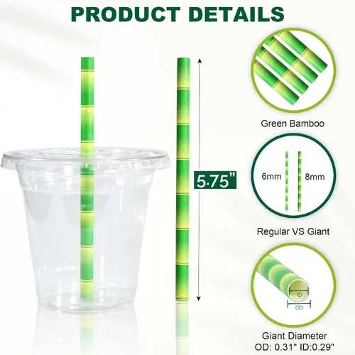 Miniatura 2 de 14,6 cm x 0,79 cm Pajitas de papel desechables de bambú verde para bebidas cortas, cócteles mezclados, margaritas, licuados y batidos - Sin embalar