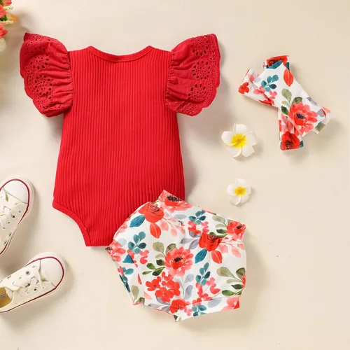Miniatura 6 de ZOELNIC Ropa de bebé niña, mameluco de encaje con volantes de verano para recién nacido + pantalones cortos florales, 3 piezas, sesión de fotos