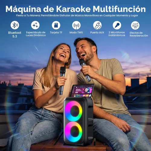 Miniatura 2 de Máquina de karaoke para adultos y niños, altavoz Bluetooth portátil con 2 micrófonos inalámbricos, modo TWS y luz LED, sistema PA de batería de 10