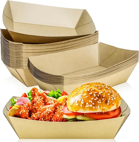 Miniatura 10 de Paquete de 80 bandejas de papel desechables de 2 libras para botes de papel, bandeja de servir comida kraft, platos para aperitivos, palomitas