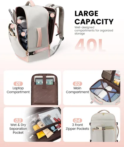 Miniatura 2 de LOVEVOOK: mochila de mano, mochila de viaje de 40L para mujer con 3 cubos de embalaje, rosa gris