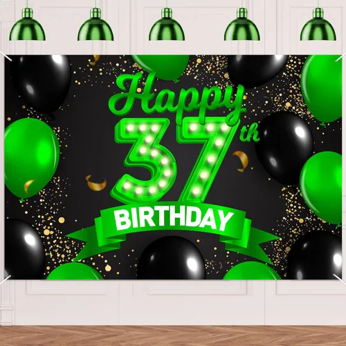 Miniatura 80 de Cartel de feliz cumpleaños 26 verde y negro, telón de fondo con texto en inglés "Cheers to 26 years old confeti", globos de confeti, decoración