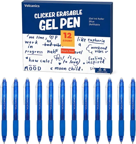 Miniatura 12 de Volcanics Bolígrafos de Gel Borrables Retráctiles Clicker - Punta de Bola de 0.7mm, Borrado por Calor con Borrador Integrado, Paquete de 12 Negro
