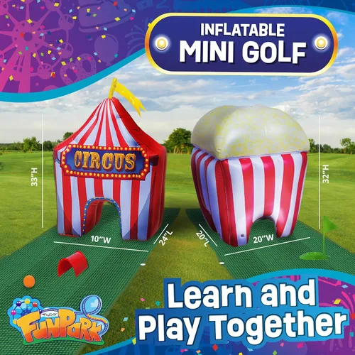Miniatura 8 de FunPark - Juego de minigolf inflable – Campo de 13 piezas con palos ajustables, pelotas, copas de putting, tapetes verdes y obstáculos temáticos
