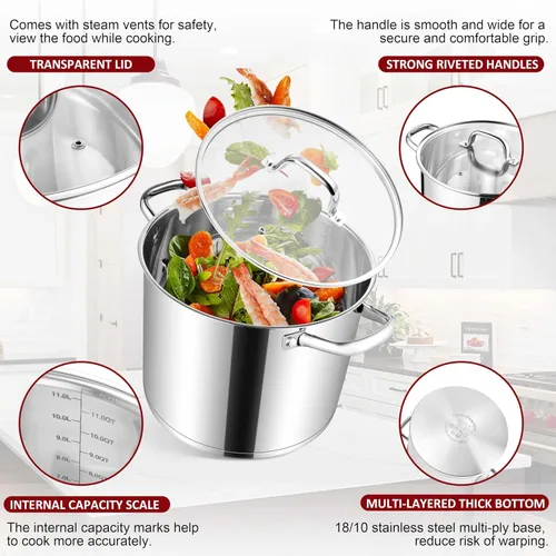 Miniatura 3 de Herogo Olla de acero inoxidable 18/10 de 12 cuartos de galón con tapa, olla grande y resistente compatible con cocinas eléctricas, de gas