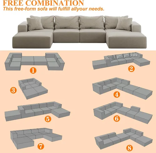 Miniatura 3 de Sofá modular de gran tamaño de 162 pulgadas, moderno sofá modular tapizado en forma de L de felpilla con 6 almohadas, combinación gratuita de sofá