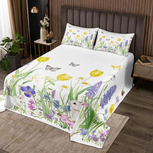 Erosebridal Juego de colcha de conejo blanco, diseño de flores de tulipán amarillo, diseño rústico de mariposa acolchado lindo animal para mascotas,