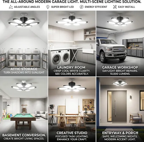 Miniatura 6 de Bombilla LED para garaje AYSEMO de 15000 lm - Luces LED de techo ajustables en 360° con 6+1 paneles deformables, 6500 K de luz diurna, base