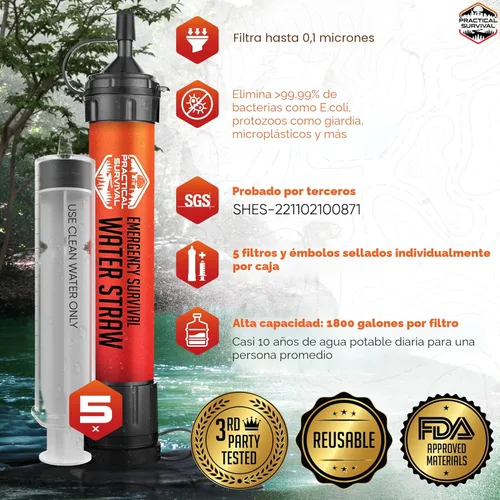 Miniatura 2 de 5 popotes de agua de emergencia de alta capacidad, ligeros, reutilizables, filtros de 1800 galones para camping, senderismo, viajes, ciclismo