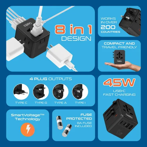 Miniatura 2 de Ceptics Adaptador de viaje universal 8 en 1 para la UE, Reino Unido, EE. UU., AU y más, adaptador de viaje mundial, 2X enchufe de EE. UU., enchufe