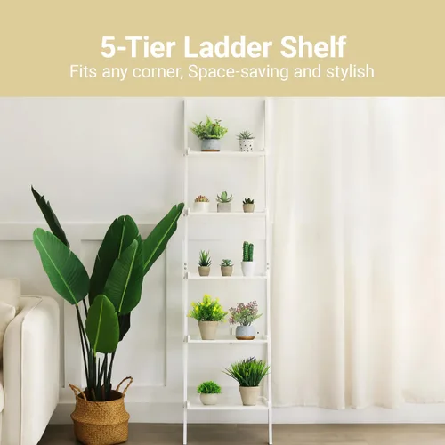 Miniatura 3 de Estantería de escalera de 5 niveles – Estante de almacenamiento, estante inclinado de pared, soporte de flores blanco independiente, estantería