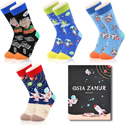 Dsia Zamur Calcetines altos para niños y niñas, paquete de 4 a 6 unidades + caja de regalo, novedosos calcetines de pantorrilla coloridos para niños