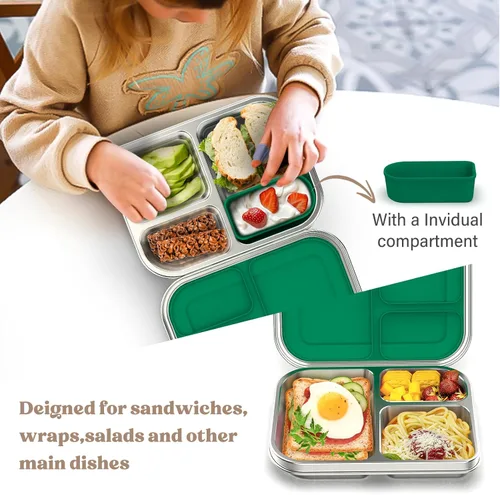 Miniatura 2 de BABHAMNESS Lonchera Bento de acero inoxidable para niños, 3 compartimentos a prueba de fugas, lonchera Bento de metal, contenedores de almuerzo Verde