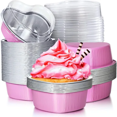 Miniatura 9 de Molde de aluminio para tartas en forma de corazón con tapas, 3.4 fl oz/3.4 onzas, mini taza desechable para magdalenas, tazas para hornear para San