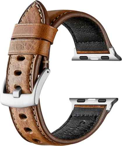 Genuine Leather Watch Band Compatible with Apple Watch,Italian Cowhide,Retro Style,Silver Buckle,Golden Brown and Chestnut Brown,38/40/41mm and