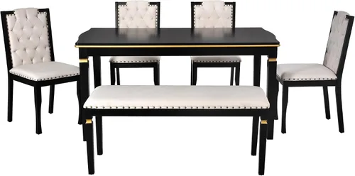 Miniatura 8 de Merax Juego de mesa de comedor de cocina de 6 piezas, mesa rectangular de 60 pulgadas con 4 sillas tapizadas con respaldo alto y 1 banco, patas