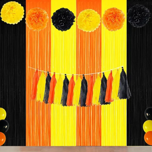 Miniatura 6 de Decoraciones de Fiesta de Cumpleaños de Construcción, Telón de Fondo de Flecos de Aluminio Naranja Negro Amarillo, Decoraciones de Fiesta de Camión