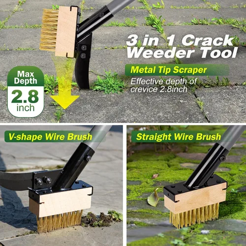 Miniatura 2 de Walensee Cepillo 3 en 1 para eliminar grietas y musgo con mango ajustable de 66.5 pulgadas, extractor de malezas con 2 cabezales de cepillo