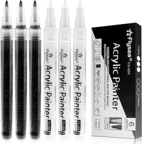 EBOT Bolígrafos de pintura negra, paquete de 6 marcadores permanentes negros acrílicos de 0.028 in, bolígrafos de pintura blanca para pintura de