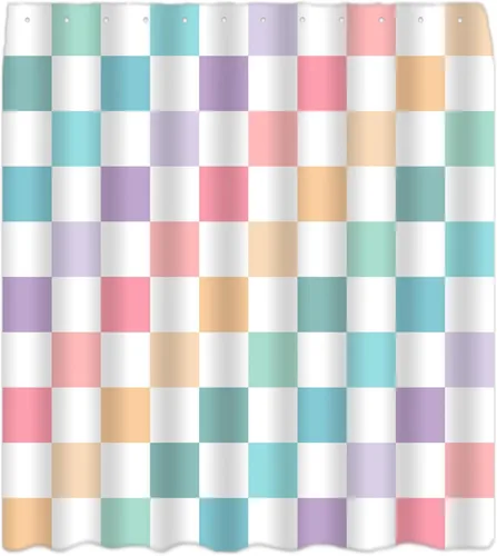 Cortina de ducha a cuadros de colores retro arco iris, geométrica, moderna, minimalista, simple, estética, vintage de los años 60 y 70, cortina de