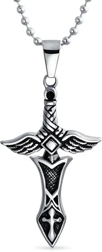 Joyería de motociclista - Collar con colgante de cruz de espada real y alas de ángel para hombres, adolescentes, color negro oxidado, acero