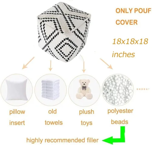 Miniatura 3 de MOCOFO Funda cuadrada decorativa para puf para dormitorio, estilo bohemio, de algodón, sin relleno, puf (diamante negro, 18 x 18 x 18 pulgadas)