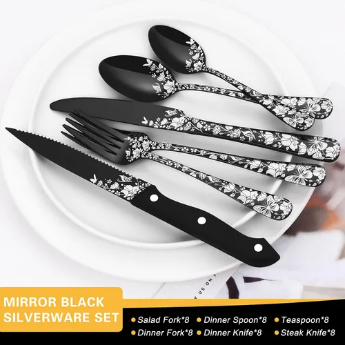 Miniatura 2 de Stapava - Juego de cubiertos negros de 53 piezas con utensilios para servir, juego de cubiertos para 8, cubiertos de acero inoxidable, juego