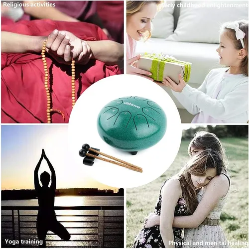 Miniatura 6 de Ubblove Tambor de lengua de acero para niños: 8 notas de 6 pulgadas clave de C Metal Steel Drums Instrumento con bolsa para meditación, yoga, Verde