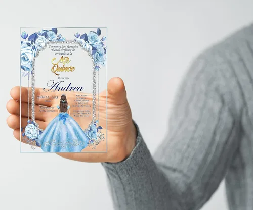 Miniatura 3 de Avior Invitación de Quinceañera Vestido Azul Bebé Invitación de Vidrio Acrílico, Mis Membrillo, Dulce 15, Dulce 16, Diseño Floral, XV Años, 15 años