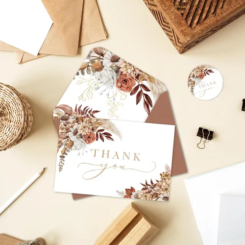 Miniatura 4 de AnyDesign Tarjetas de agradecimiento florales boho de otoño a granel, paquete de 24 tarjetas de felicitación de flores de acuarela con sobres