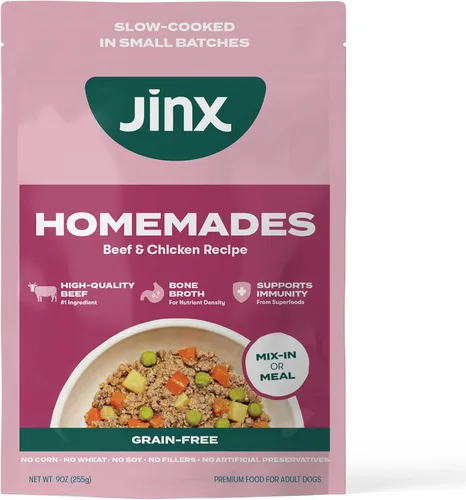Jinx Comida Húmeda para Perros Sin Granos de Res y Pollo, Comida o Mezcla en Complementos para Comida Seca, Hecha con Pollo Real, Caldo de Hueso,