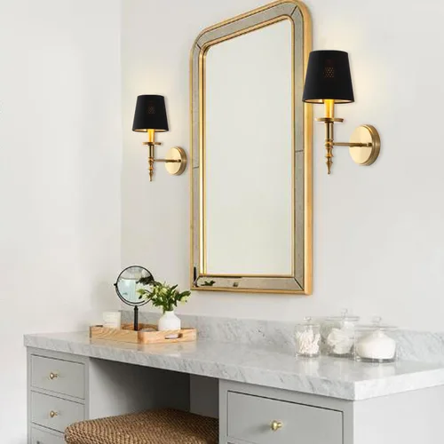 Miniatura 2 de Moderno aplique de pared industrial de mediados de siglo, lámpara de pared de tocador de baño con marco de latón cepillado y pantalla de lino negro