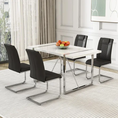 Miniatura 3 de Juego de mesa de comedor para 4, juego de mesa de cocina rectangular de MDF blanco con sillas de comedor de cuero, juego de 4, juego de mesa